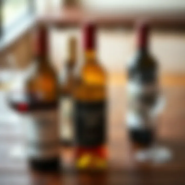 A side-by-side comparison of a $25 wine bottle with other bottles on a wooden table, showcasing labels and glasses filled with wine.