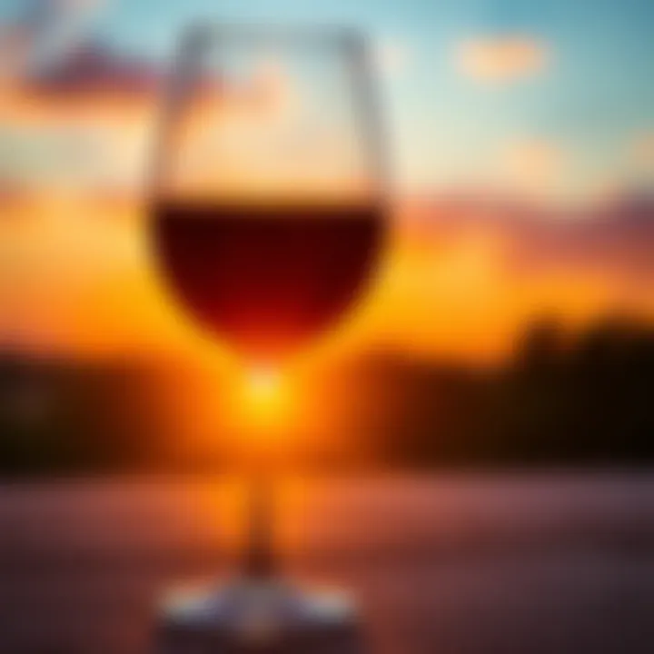 A close-up of a wine glass filled with red wine, set against a warm sunset background, symbolizing cherished moments and memories.
