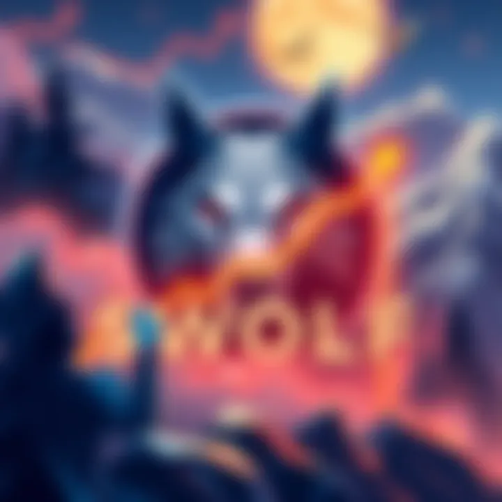 Illustration showing the $WOLF logo with a graph indicating growth and a depiction of the new DApp name 'Byrrgis', alongside images of community engagement and partnerships.
