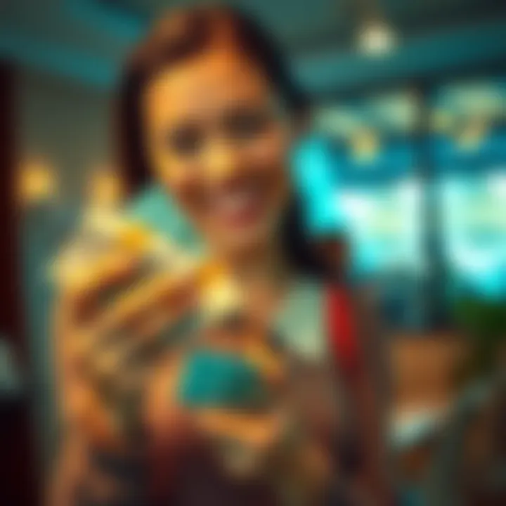 A woman smiling and counting money, showing joy and satisfaction from her family's financial success