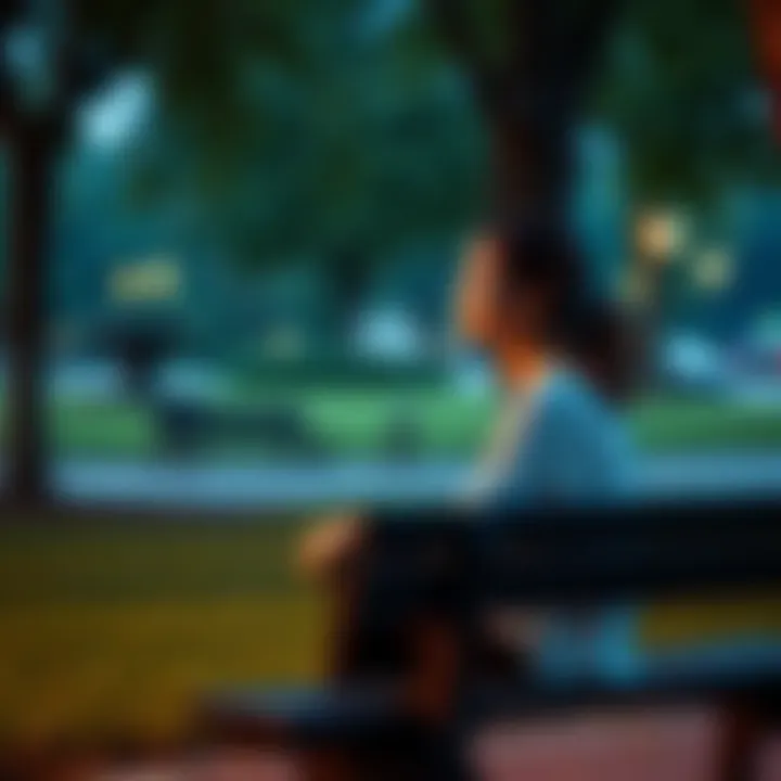 Woman Reflecting on Her Journey A woman sitting on a bench in a park, looking thoughtfully at her surroundings, symbolizing her journey of self-discovery