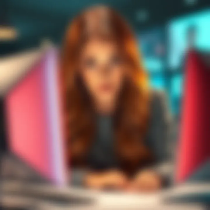 A woman looks at a computer screen with a concerned expression, analyzing a potentially fraudulent email for warning signs.