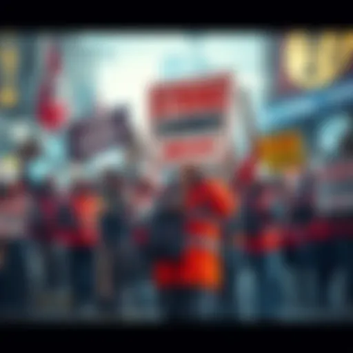 Group of workers holding signs demanding better working conditions during a strike.