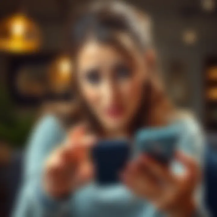 A concerned woman looks at her phone with a worried expression, analyzing information about an MLM investment scheme.