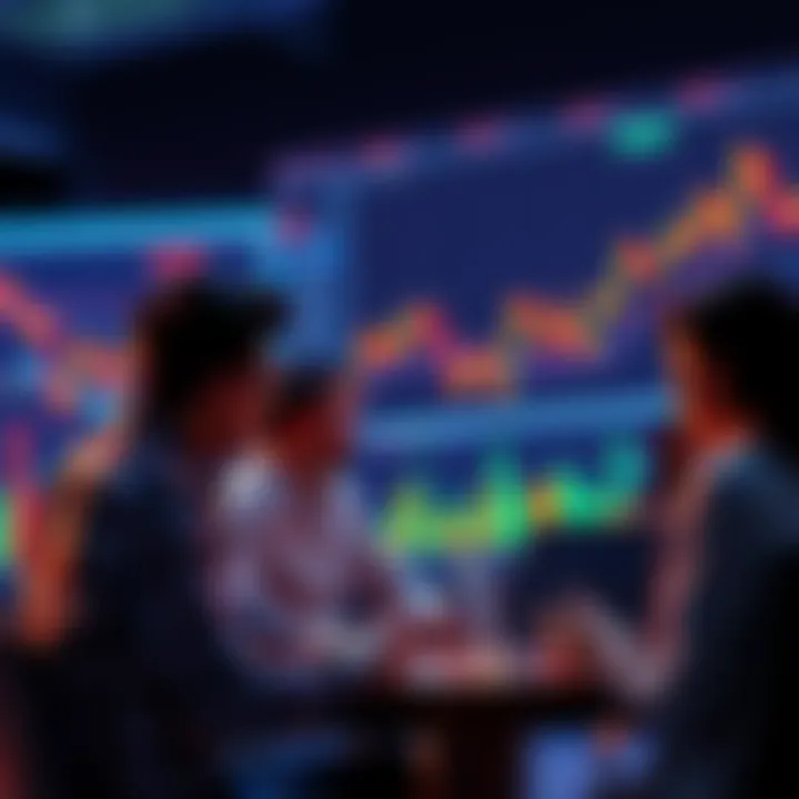 A group of people discussing XCH price trends and trading strategies with charts and graphs in the background.