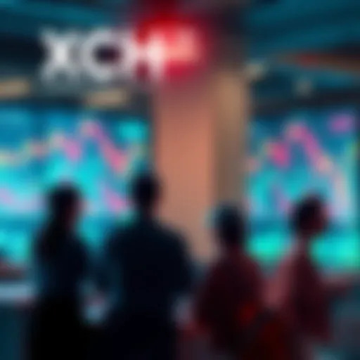 People engaging in a discussion about XCH trading strategies and price trends with charts in the background