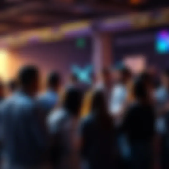 A diverse group of people discussing XRP and sharing ideas at a community event.