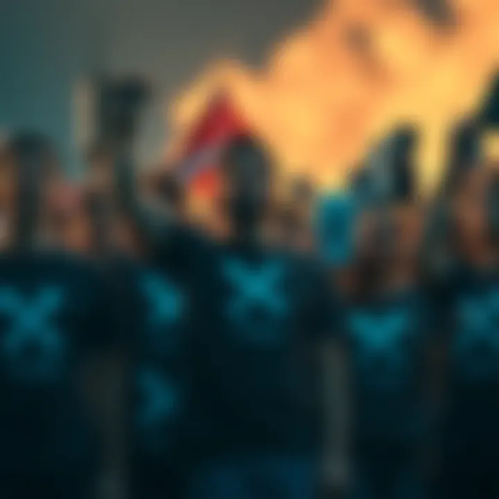 A group of XRP supporters with determined expressions, holding XRP symbols and standing together, showing solidarity and strength against challenges.