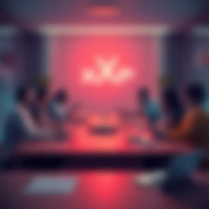 A group of people debating XRP's future at a table with laptops and charts.