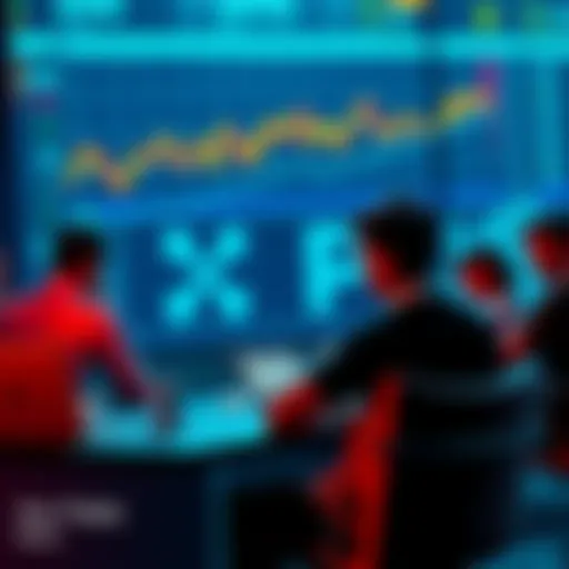 People discussing XRP developments with charts and laptops