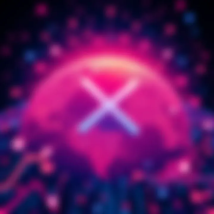 An illustration showing XRP logo with financial symbols and maps indicating global transactions