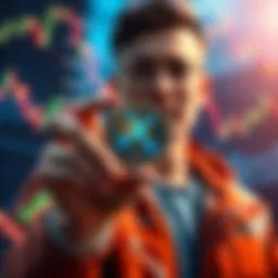 A person holding a digital coin labeled XRP, looking hopeful for future gains while surrounded by stock charts showing fluctuations.