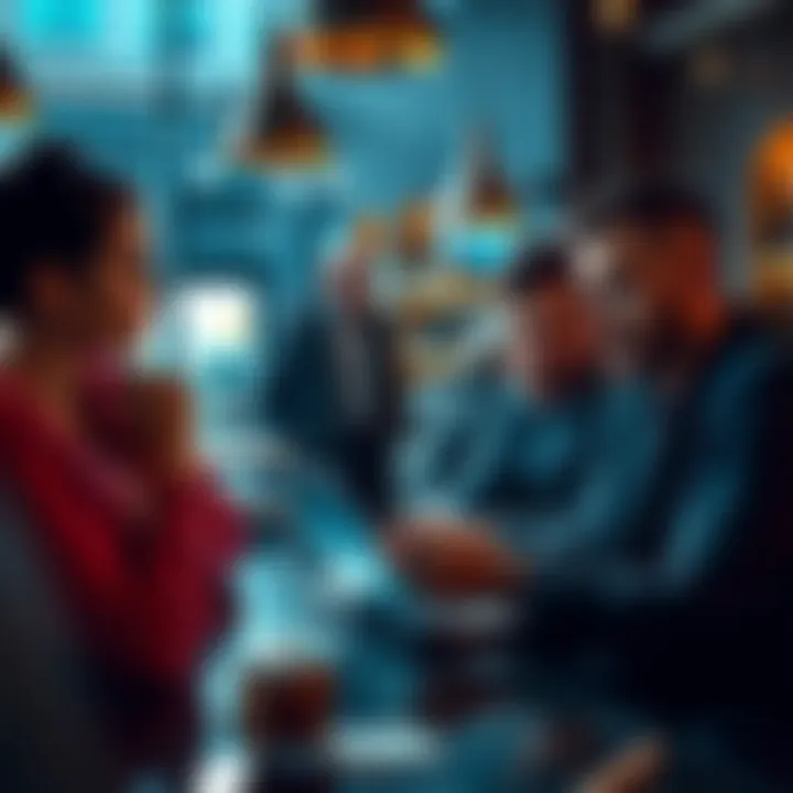 A group of investors discussing their long-term strategies for holding XRP in a coffee shop, showing focused expressions as they look at charts on a laptop.