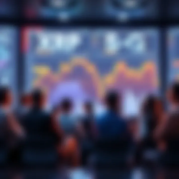 A group of people discussing cryptocurrency regulations with charts and graphs on a screen in the background.