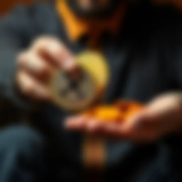 A person holding XRP coins in one hand and orange coins in the other, representing a cryptocurrency trade.