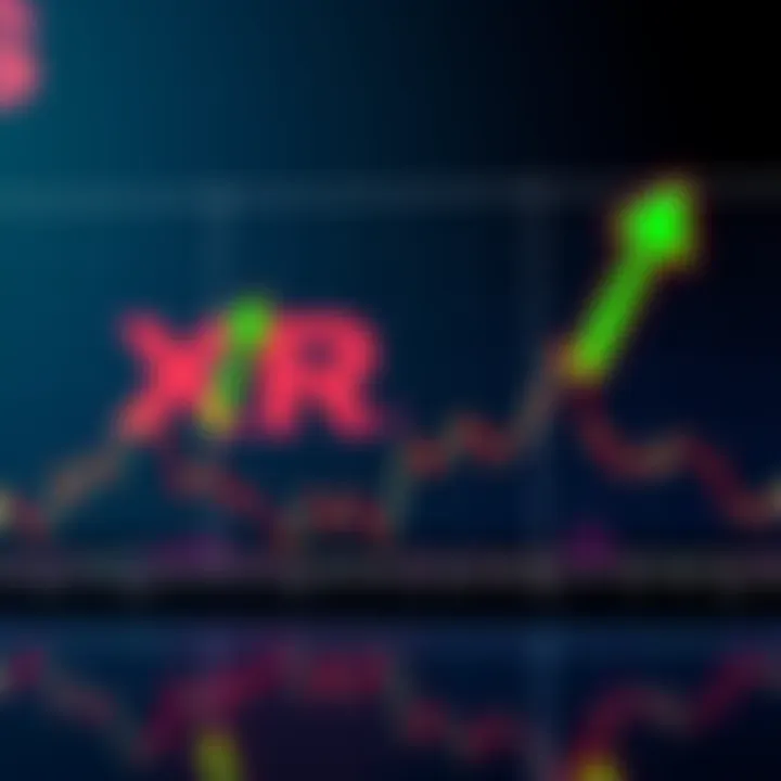 A chart showing XRP price fluctuations with a downward trend and hopeful recovery symbolized by green arrows