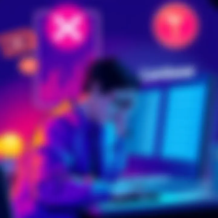 An illustration showing a person frustrated with failed XRP transactions on a computer, with symbols of Trust wallet and Coinbase in the background