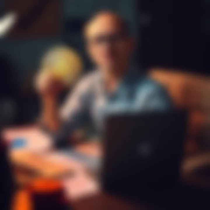 A 25-year-old man sitting at a desk with a laptop, holding a Bitcoin symbol while surrounded by financial charts and papers, showcasing his investment strategy.