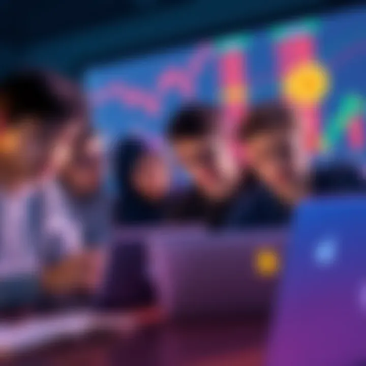 A group of young adults discussing Bitcoin and cryptocurrency with laptops and charts in the background.