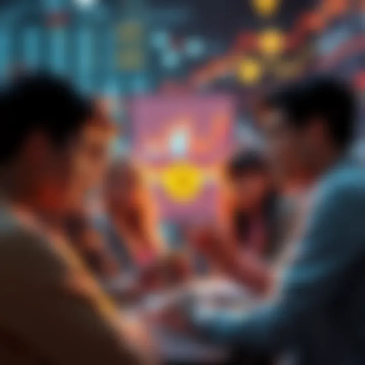 Young Innovators Discuss Crypto A group of young people brainstorming new ideas for cryptocurrency, surrounded by digital currency symbols and charts.