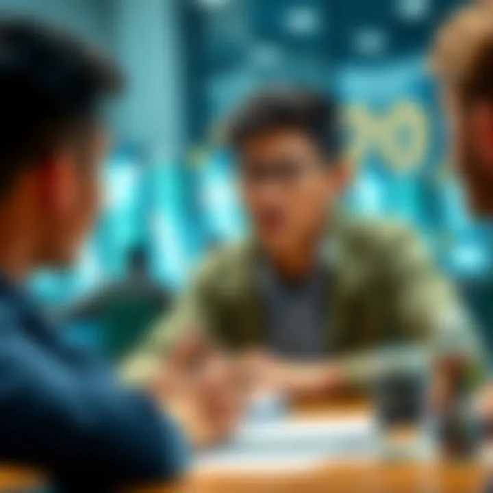 Young Investor Discussing Crypto Strategies A 26-year-old person sharing insights on building a crypto investment portfolio with others around a table.