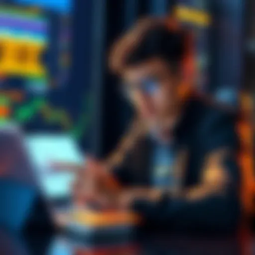 A 28-year-old person reviewing investment options with a laptop and charts, symbolizing commitment to the global free market.