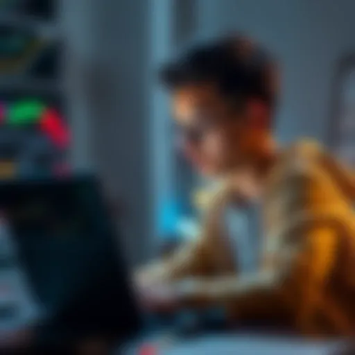 A young adult with $60 prepares to trade cryptocurrency, looking at a laptop with graphs and coins on the screen.