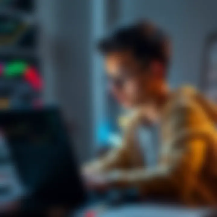 A young adult with $60 prepares to trade cryptocurrency, looking at a laptop with graphs and coins on the screen.