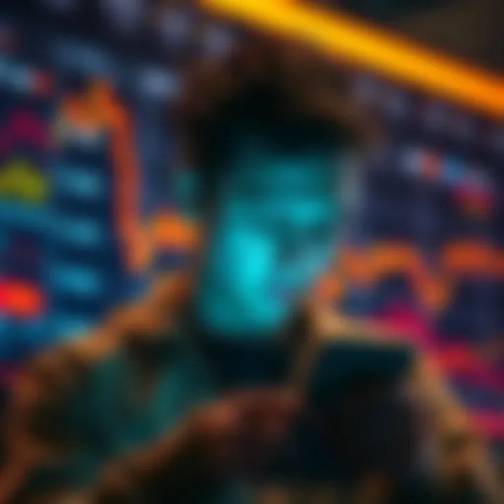 A young Canadian trader looking distressed while checking his phone, with images of falling cryptocurrency charts in the background.