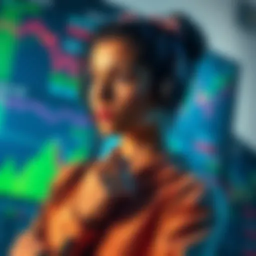 A 27-year-old woman exploring options for investing in stocks or cryptocurrency, looking thoughtful while surrounded by financial charts and graphs.