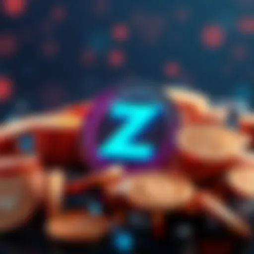 A digital representation of Zelle's logo with stablecoins surrounding it, symbolizing fast international money transfers.