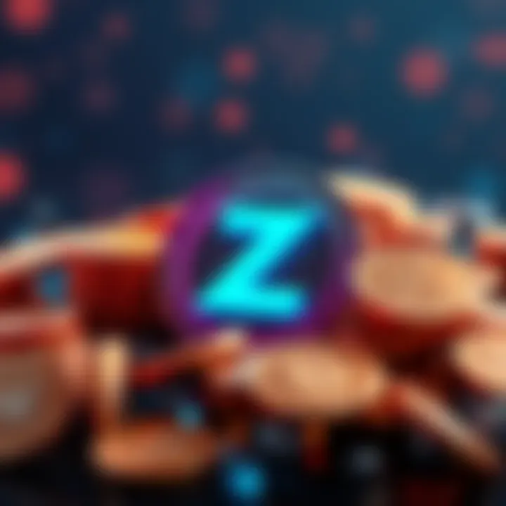 Zelle Stablecoin Payments A digital representation of Zelle's logo with stablecoins surrounding it, symbolizing fast international money transfers.